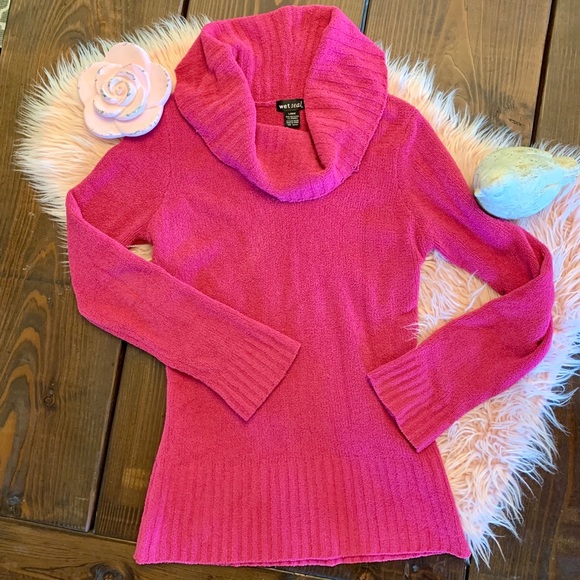 Wet Seal Sweaters - Fuchsia Cowl Neck Sweater Long Sleeve Pink